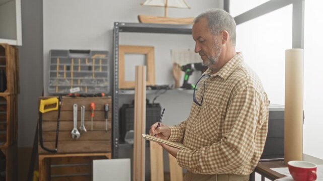 Man carpenter writing in notebook in building workshop with tools, lumber and shelving visible; concentration planning.