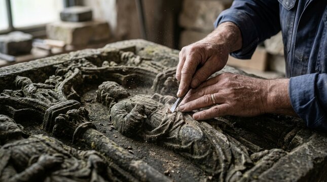 Skilled Artisan Hands Restoring Ancient Stone Relief with Traditional Chisel