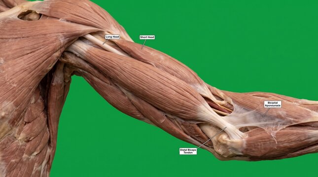 Anterior upper arm muscle dissection showing biceps brachii and anatomical structures