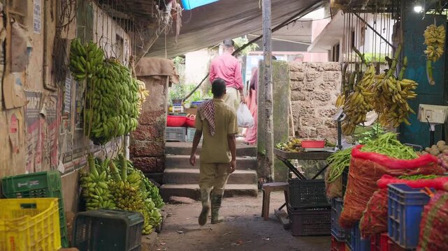 Busy Traditional Local Market with Shoppers and Vendors in Kerala, India