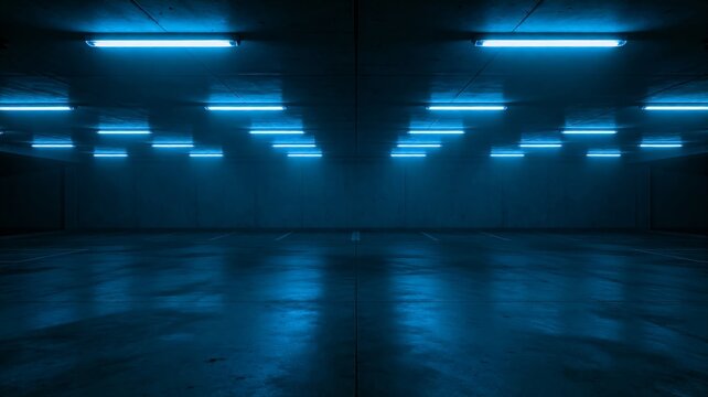 Empty Underground Parking Garage with Blue Neon Lights