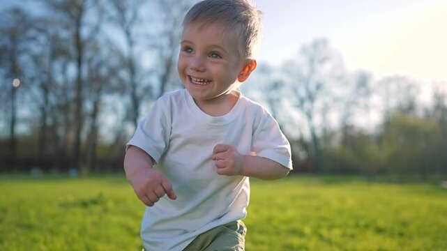 Kid laughing on grass in outdoor fun. Kid runs fast with bright smile. Grass under feet shows joy. Outdoor play brings fun. Happy kid in nature. Grass and fun surround every joyful kid moment.