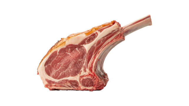 One large raw tomahawk steak with a long exposed bone, showing rich red meat texture and white fat marbling, isolated on a clean white background
