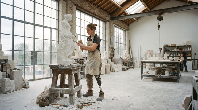 Female sculptor with prosthetic leg working on marble statue in bright studio