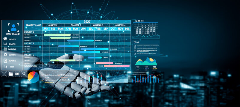 Futuristic Digital Dashboard Visualization with Robotic Hand and Project Timeline Overview for 2027 Data Analysis Fluxor.