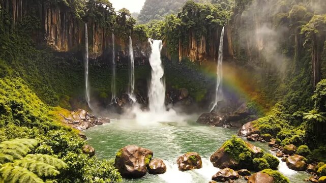 A majestic waterfall flows into a lush tropical jungle basin