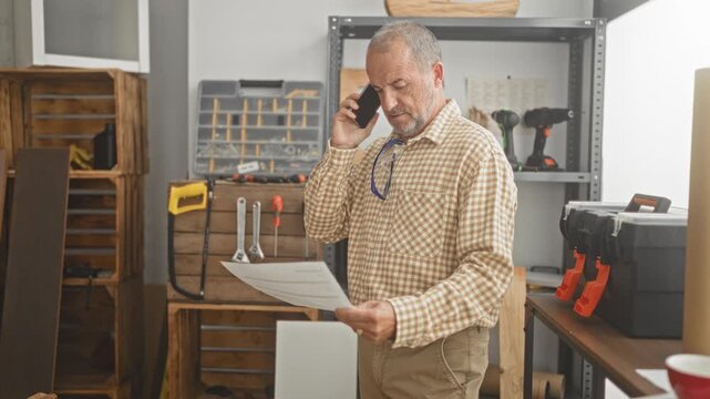 Man holds smartphone to ear while reading a paper invoice beside toolbox and workbench in a building; project planning concern.