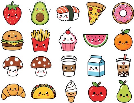 Cute Kawaii Food Icons Set with Happy Faces and Colorful Cartoon Illustrations