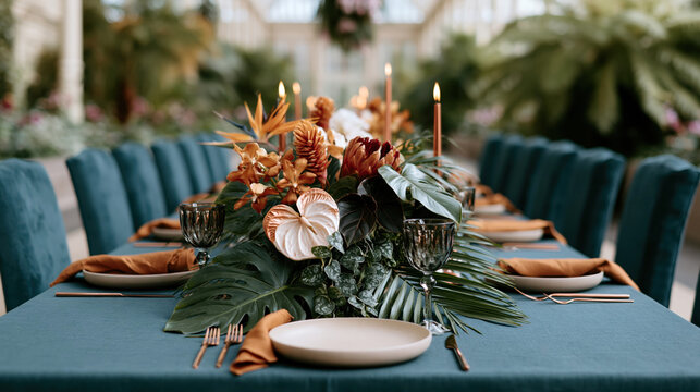 Elegant tropical style wedding reception table decorated with lush greenery, exotic flowers, candles, and warm copper accents
