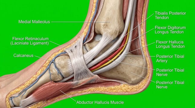 Anatomical illustration of human ankle flexor retinaculum and tarsal tunnel structures.