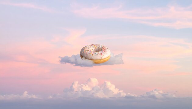 Glazed donut floating on cloud in pink sky.