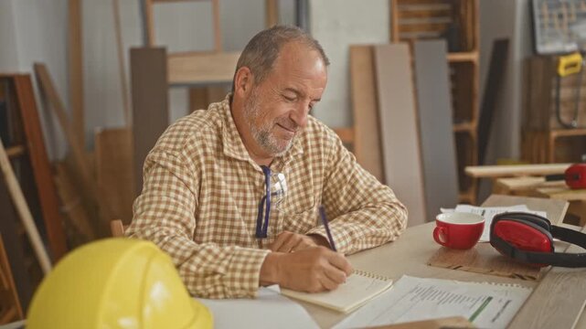 Man writing notes with pencil in notepad, glasses hanging from shirt, yellow hardhat and red earmuffs on table, lumber and tools nearby, in building; concentration craftsmanship.