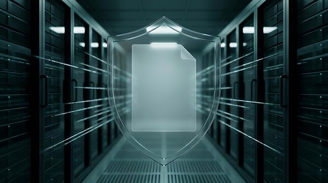 E-fax technology conceptualized with a digital document icon protected by a secure glass shield inside a modern data center server room environment