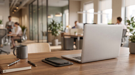 Naklejka premium Laptop and smartphone on wooden desk in modern office with blurred colleagues
