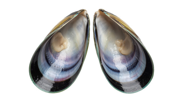 Two open mussel shells with iridescent nacre interior surfaces, isolated on a white background, showing the smooth texture of the mollusk shell