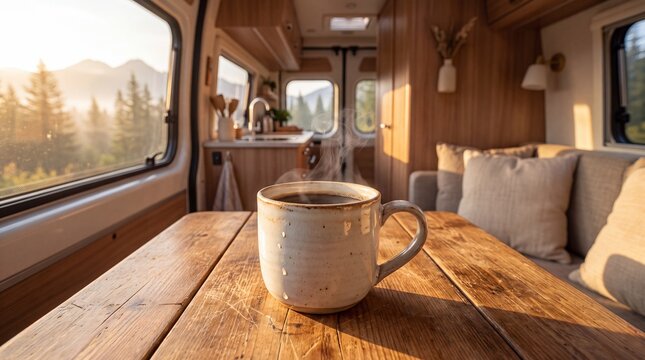 Coffee cup on wooden camper table with scenic forest view