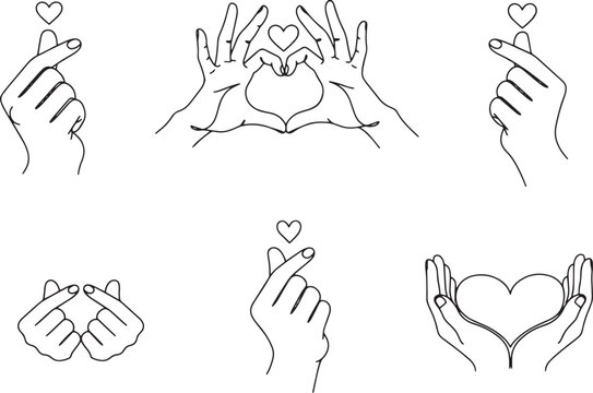 Minimalist heart hand gestures collection: cute cute love vibes. Hand drawn finger tutting outline sketch style icon set. Romantic relationship affection friendship symbols. Girl doodle