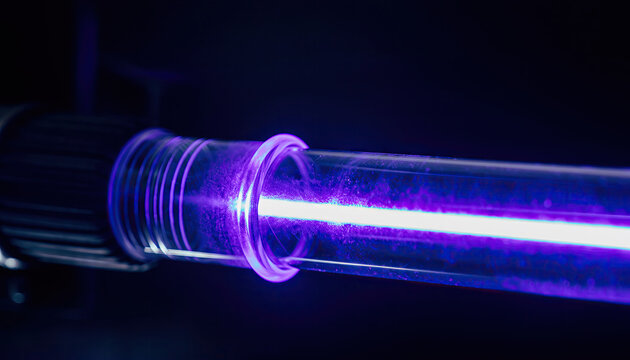 A close-up of a glowing purple ultraviolet light inside a glass tube.