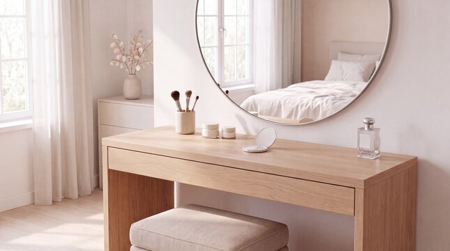 Decluttered makeup table with mirror in minimalist bedroom