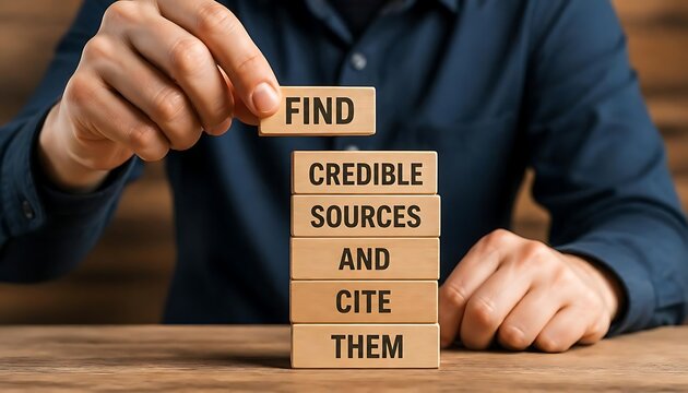 Person holding wooden block with word FIND above stacked blocks reading FIND CREDIBLE SOURCES AND CITE THEM, close‑up on wooden table, concept of research integrity and proper citation practices 