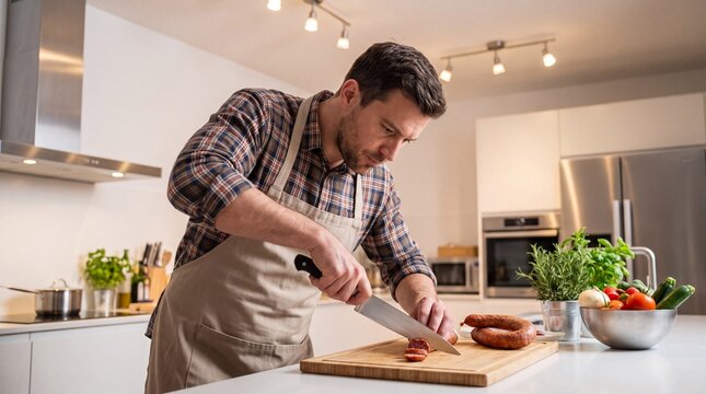 Man slicing sausage on cutting board in modern kitchen