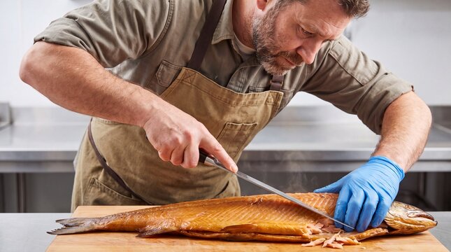 Man slicing smoked fish on table in food preparation kitchen