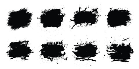 Fototapeta premium Black dried paint splattered in dirty style. Isolated black ink stencils for graphic design, text fields. Artistic texture of ink brush strokes, splatter stains, callout. Paintbrush, stroke vector set