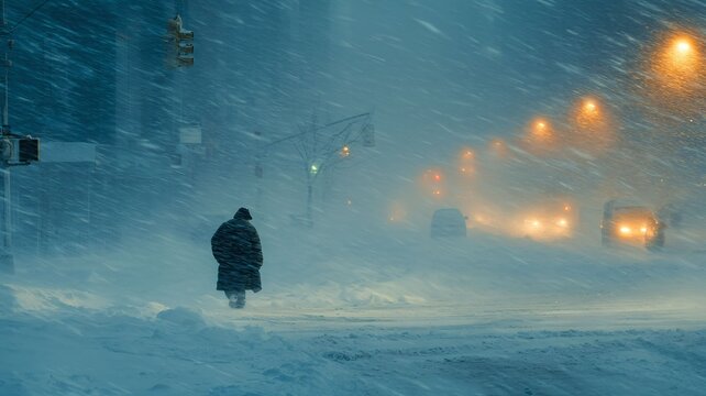 Person walking alone in heavy snowstorm on city street at night  