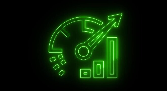 Neon Speedometer Performance Analytics Growth Chart Icon Animation on Black Background