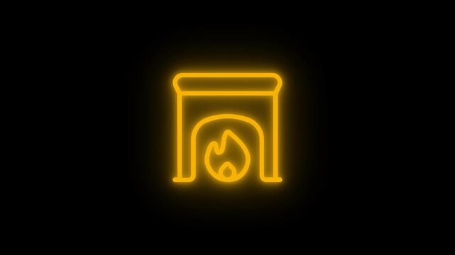 Orange glowing neon fireplace outline on a dark background symbol
