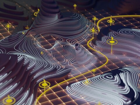Digital Landscape With Contour Lines and Grid Pattern