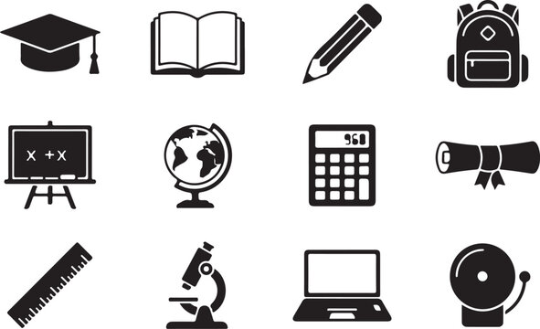 education icon set, back to school vector, school supplies icons, study equipment icons, graduation vector set