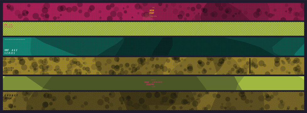 Set of Colorful Horizontal Decorative Banners with Grunge Texture and Geometric Low Poly Patterns for Modern Digital Graphic Design Projects