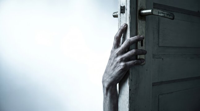 Creepy hand reaching from dark door horror concept fear suspense mystery thriller Halloween background