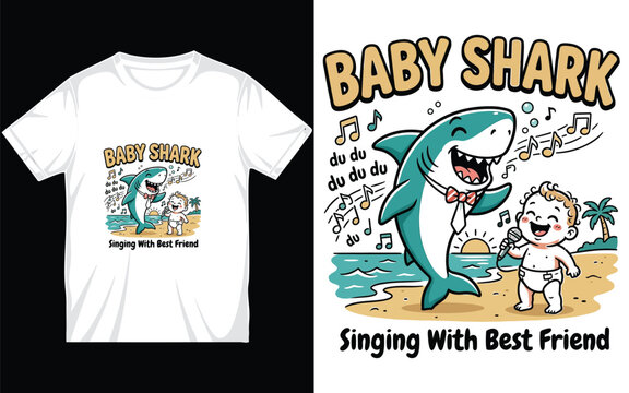 Baby shark singing with best friend t-shirt design featuring shark and baby with microphone on beach.