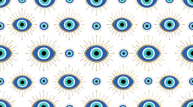 Evil Eye Turkish Nazar Amulet Seamless Pattern with Golden Sunburst Rays for Spiritual Protection Magic and Vector Illustration Style