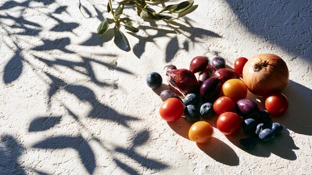 A Mediterranean-inspired composition featuring fresh farmers market produce on white stucco crossed by olive branch shadows