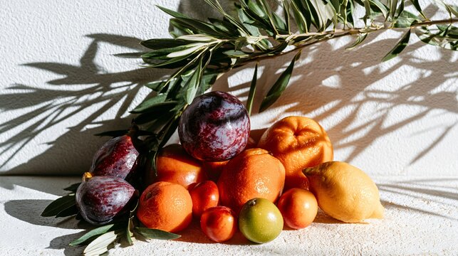 A Mediterranean-inspired composition featuring fresh farmers market produce on white stucco crossed by olive branch shadows