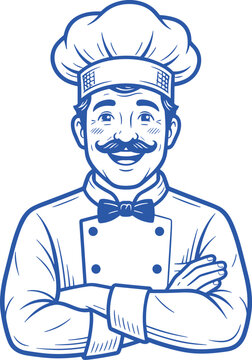 Smiling Male Chef Character Mascot Logo with Crossed Arms and Uniform for Restaurant Bakery Identity and Vector Illustration Style