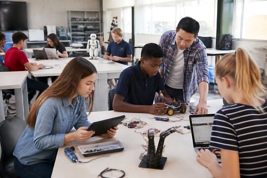 Diverse high school students building robots in a STEM classroom with a teacher