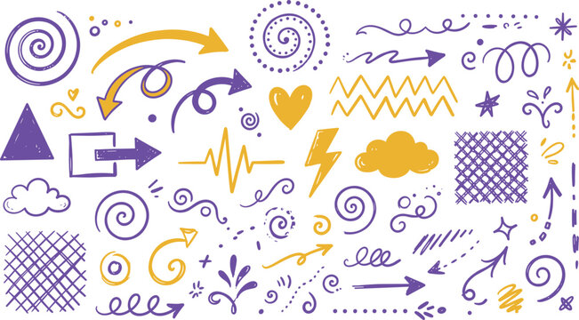 Abstract Colorful Doodle Element Set with Hand Drawn Purple and Yellow Arrows Swirls and Vector Illustration Style