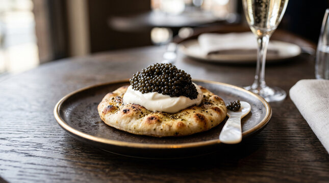 a classic gourmet presentation of a warm blini topped with a smooth dollop of cr&egrave;me fra&icirc;che and a generous scoop of black sturgeon caviar, served on a dark rustic plate alongside a mother-of-pearl spo