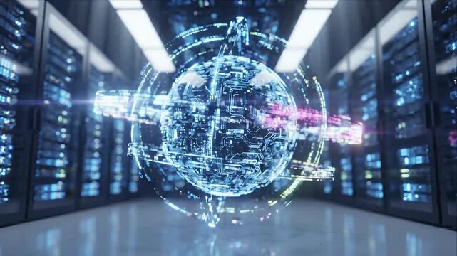 Cyber Security Network Protection with Glowing Digital Sphere Inside Futuristic Data Center, Artificial Intelligence Technology, Holographic Globe, Secure Server Infrastructure, Enterprise Defense