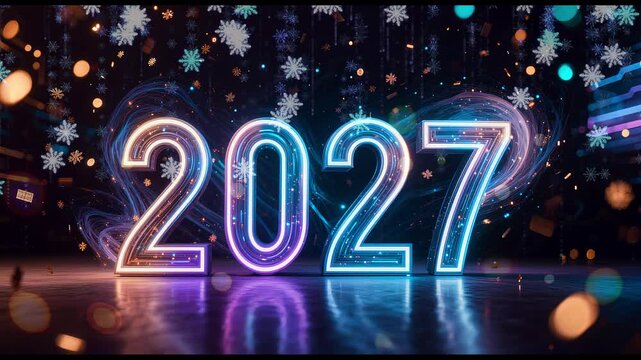 Glowing Neon 2027 New Year Sign with Futuristic Particles and Bokeh Background