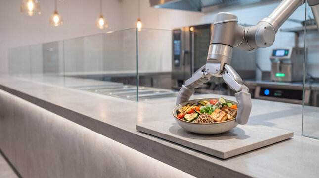 Robotic arm serving healthy vegan quinoa bowl with tofu and vegetables in futuristic automated commercial restaurant kitchen