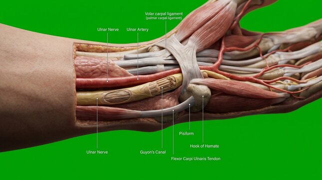 Anatomical illustration of the ulnar nerve in Guyon canal of the human wrist