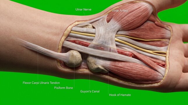 Anatomical illustration of the ulnar nerve in Guyon canal of the human wrist