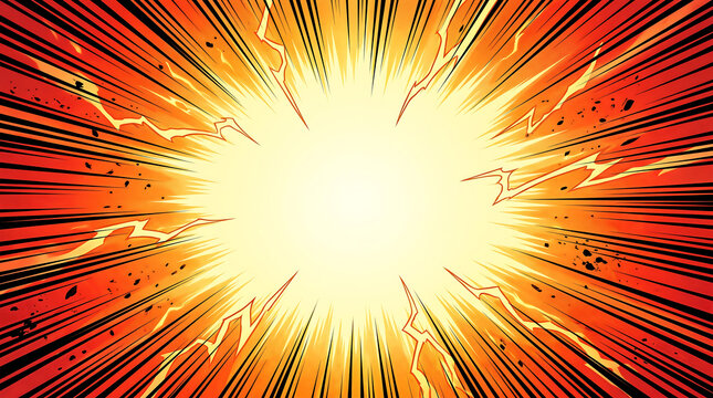 Dynamic comic book explosion effect featuring vibrant orange colors with sharp black speed lines and lightning