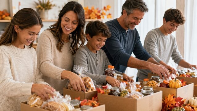 Family packing Thanksgiving food donation boxes together for a seasonal charity drive