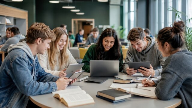University students studying together with laptops tablets and books in a modern library